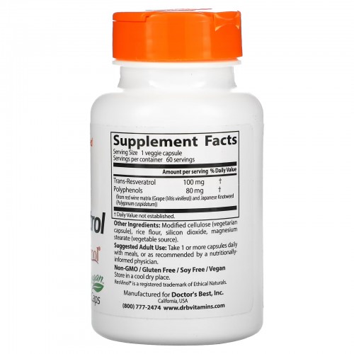 Doctor's Best, транс-ресвератрол 100 с ResVinol, 100 мг, 60 вегетарианских капсул Doctor's Best, транс-ресвератрол 100 с ResVinol, 100 мг, 60 вегетарианских капсул